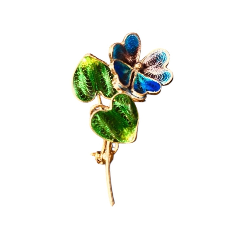 Vintage Italian 800 Silver Enamel Filigree Clover & Butterfly Brooch